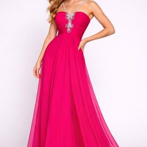 Camille La Vie Strapless Hot Pink Evening Gown with Jeweled Accent